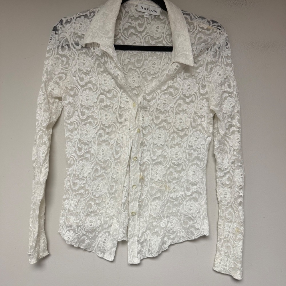 Harlow Lace Button Down Top Womens Large White Good Floral Sheer Long Sleeve